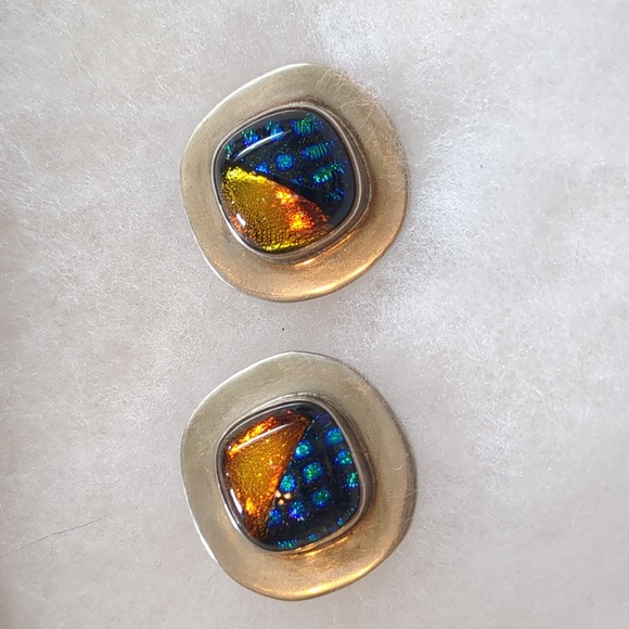 Silver and Dichroic Glass Earrings - Picture 3 of 3